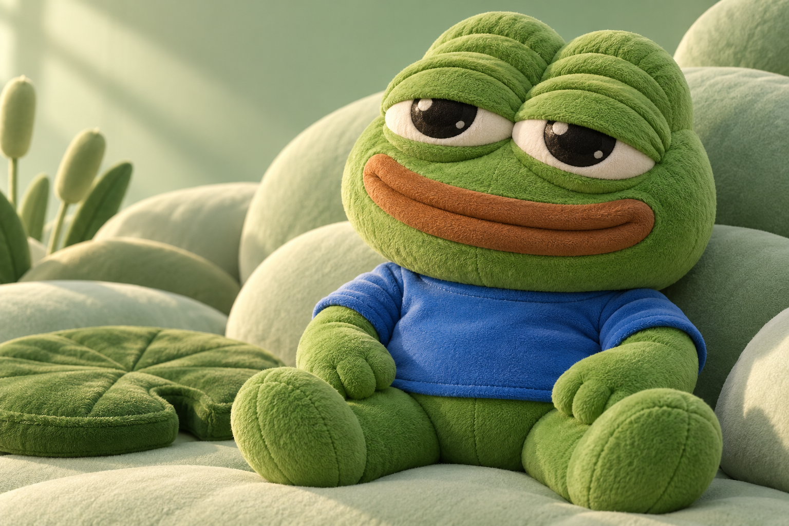 Плюшевый Pepe в синей футболке сидит среди мягких зелёных подушек